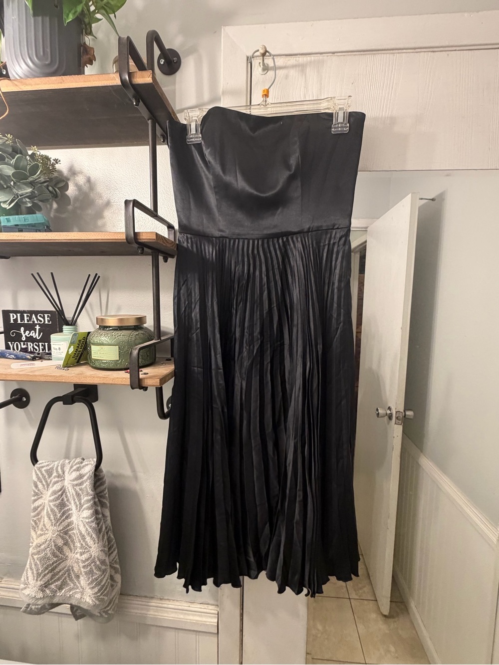 BCBG Paris Strapless Satin Pleated Midi Dress